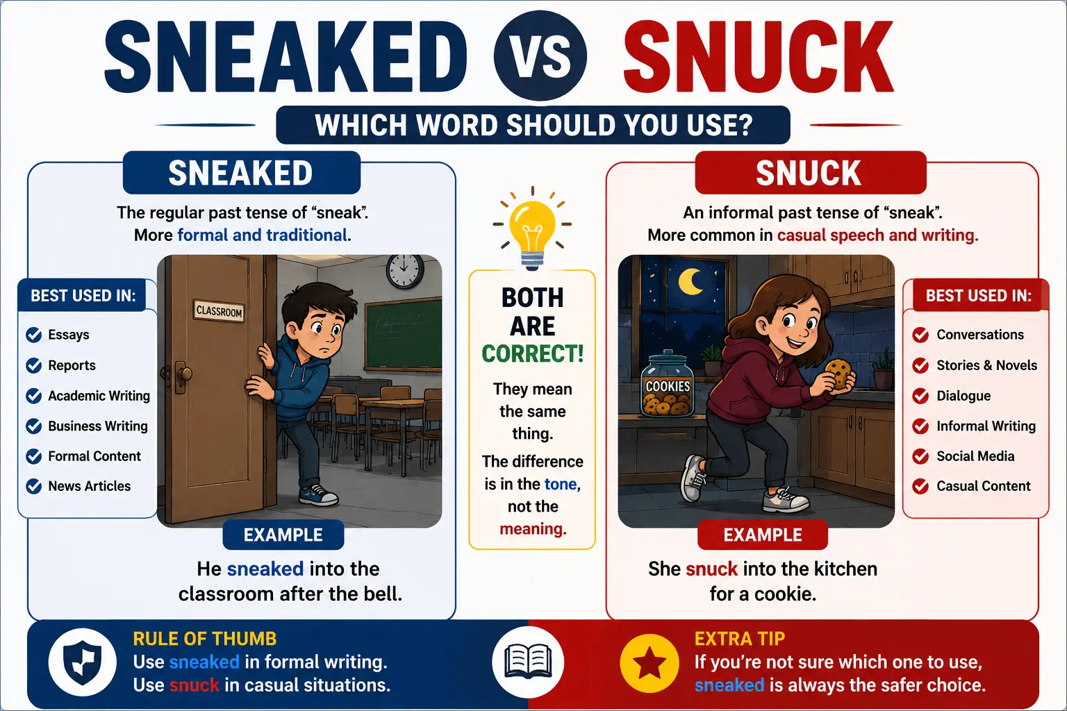Sneaked vs Snuck: Difference, Meaning & Correct Usage