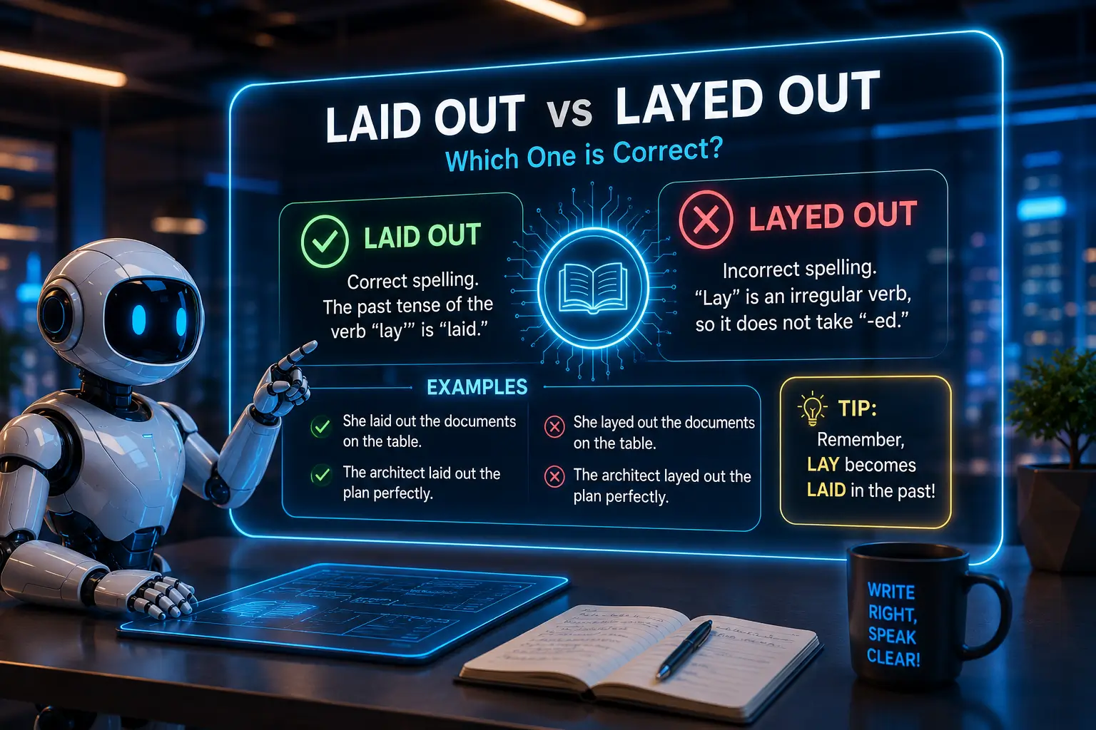 Laid Out vs Layed Out spelling comparison showing laid out as the correct phrase and layed out as the incorrect spelling.
