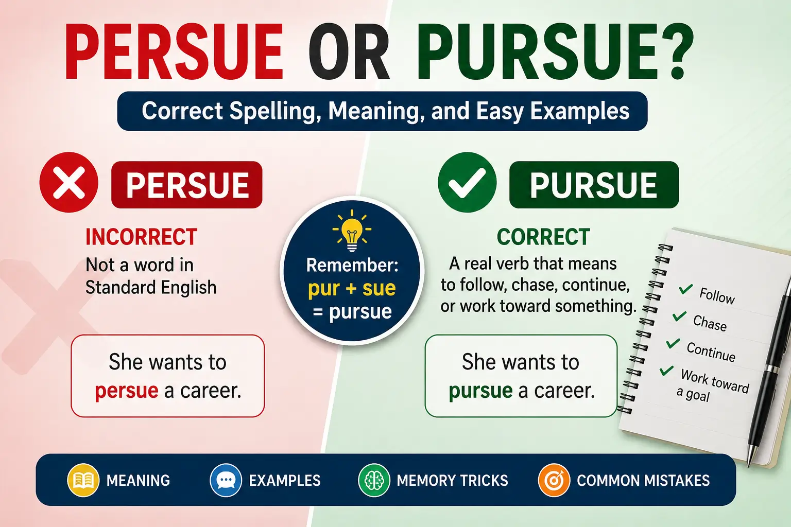 Persue or Pursue? Correct Spelling, Meaning & Examples