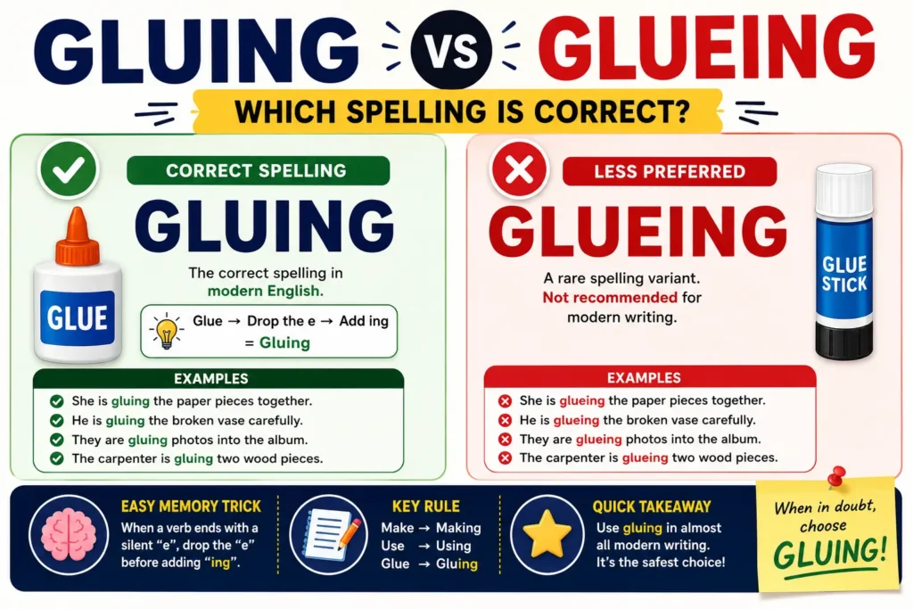 Gluing vs Glueing comparison showing the correct spelling with examples and grammar rules