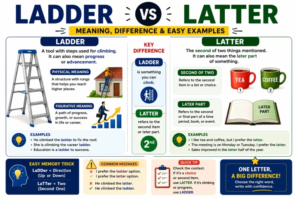 Ladder vs Latter meaning difference examples infographic showing how to use ladder and latter correctly in English