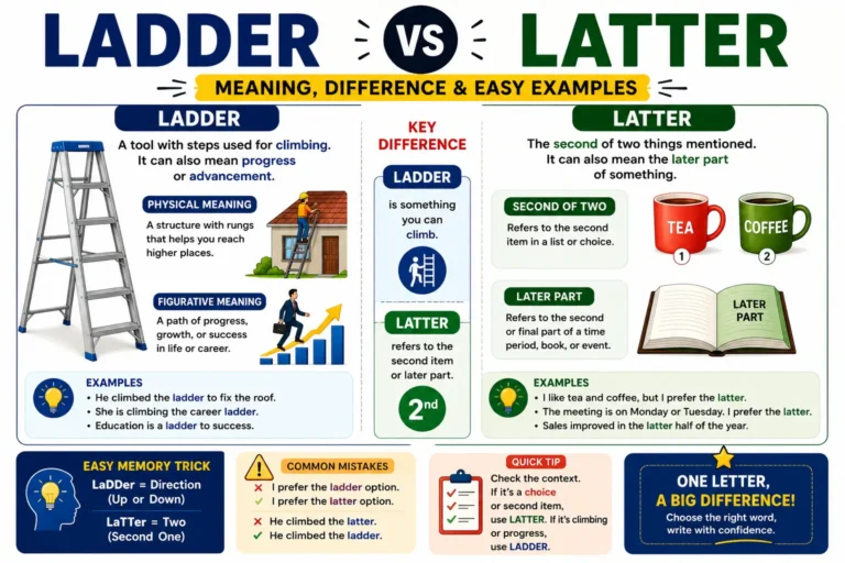 Ladder vs Latter meaning difference examples infographic showing how to use ladder and latter correctly in English
