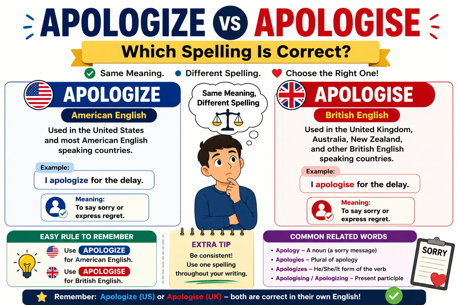 Apologize vs Apologise spelling difference between American and British English