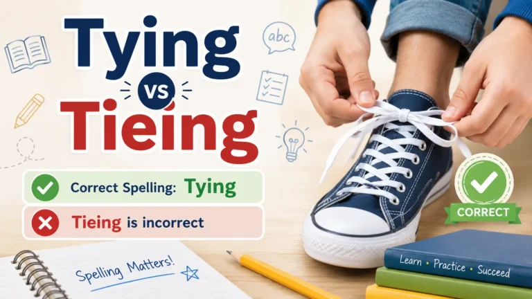 Tying vs tieing spelling comparison showing that tying is the correct spelling with a person tying shoelaces.