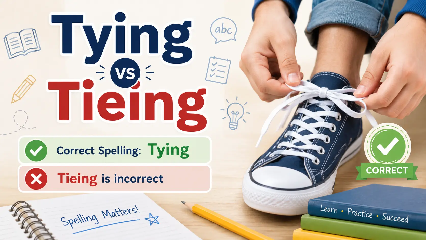 Tying vs tieing spelling comparison showing that tying is the correct spelling with a person tying shoelaces.