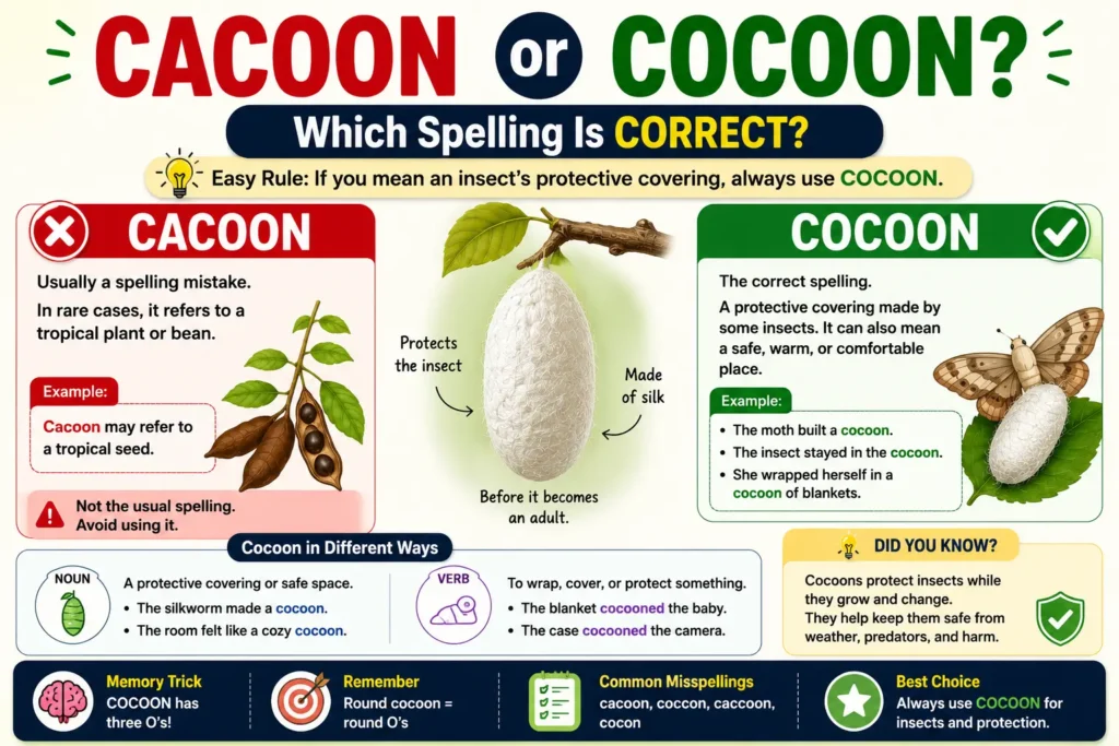 Cacoon or Cocoon spelling comparison showing the correct spelling cocoon and common spelling mistake cacoon