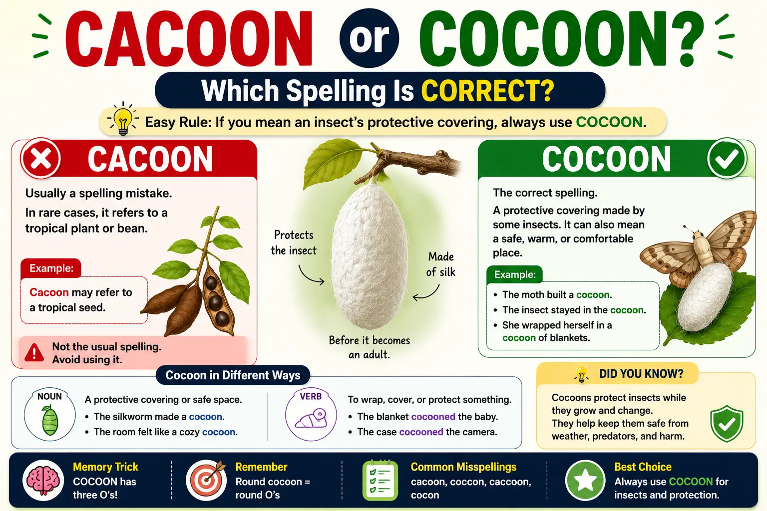 Cacoon or Cocoon spelling comparison showing the correct spelling cocoon and common spelling mistake cacoon