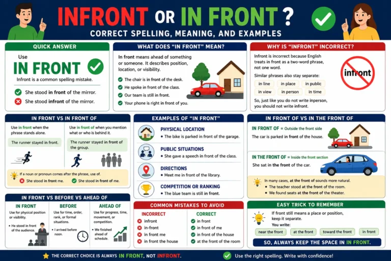 Infront or in front correct spelling, meaning, and examples explained