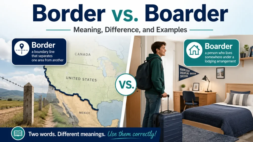 Border vs Boarder comparison showing border as a boundary line and boarder as a person living under a lodging arrangement.