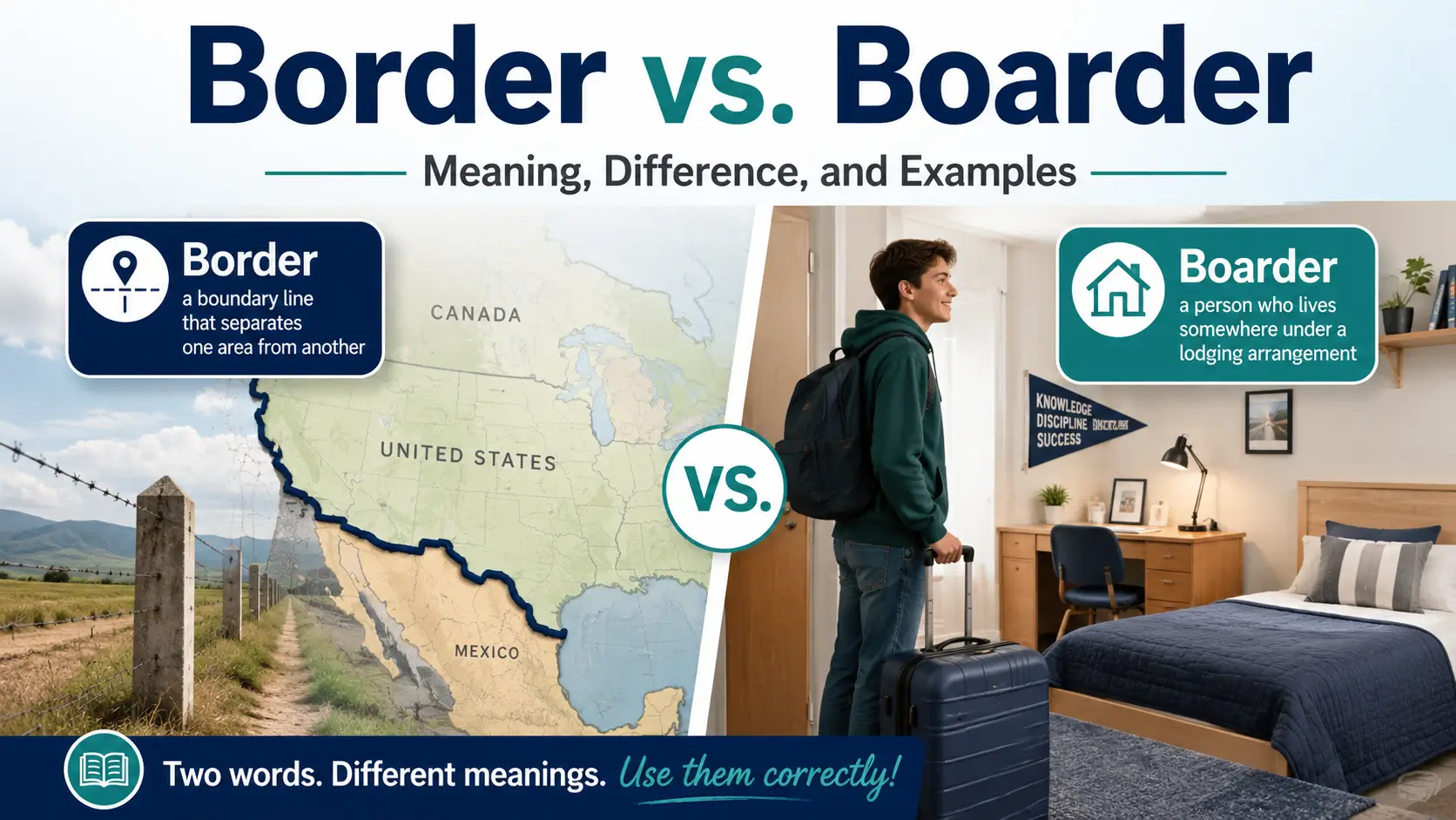 Border vs Boarder comparison showing border as a boundary line and boarder as a person living under a lodging arrangement.