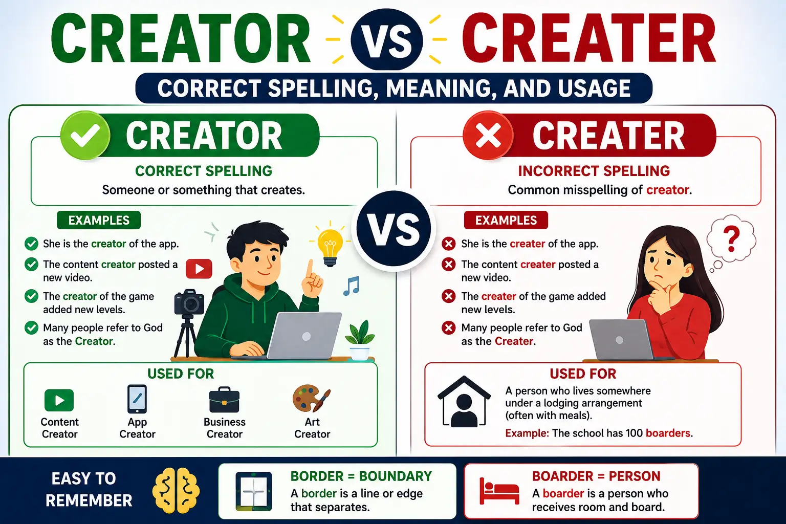 Creator vs Creater spelling comparison showing creator as the correct spelling and creater as the incorrect spelling.