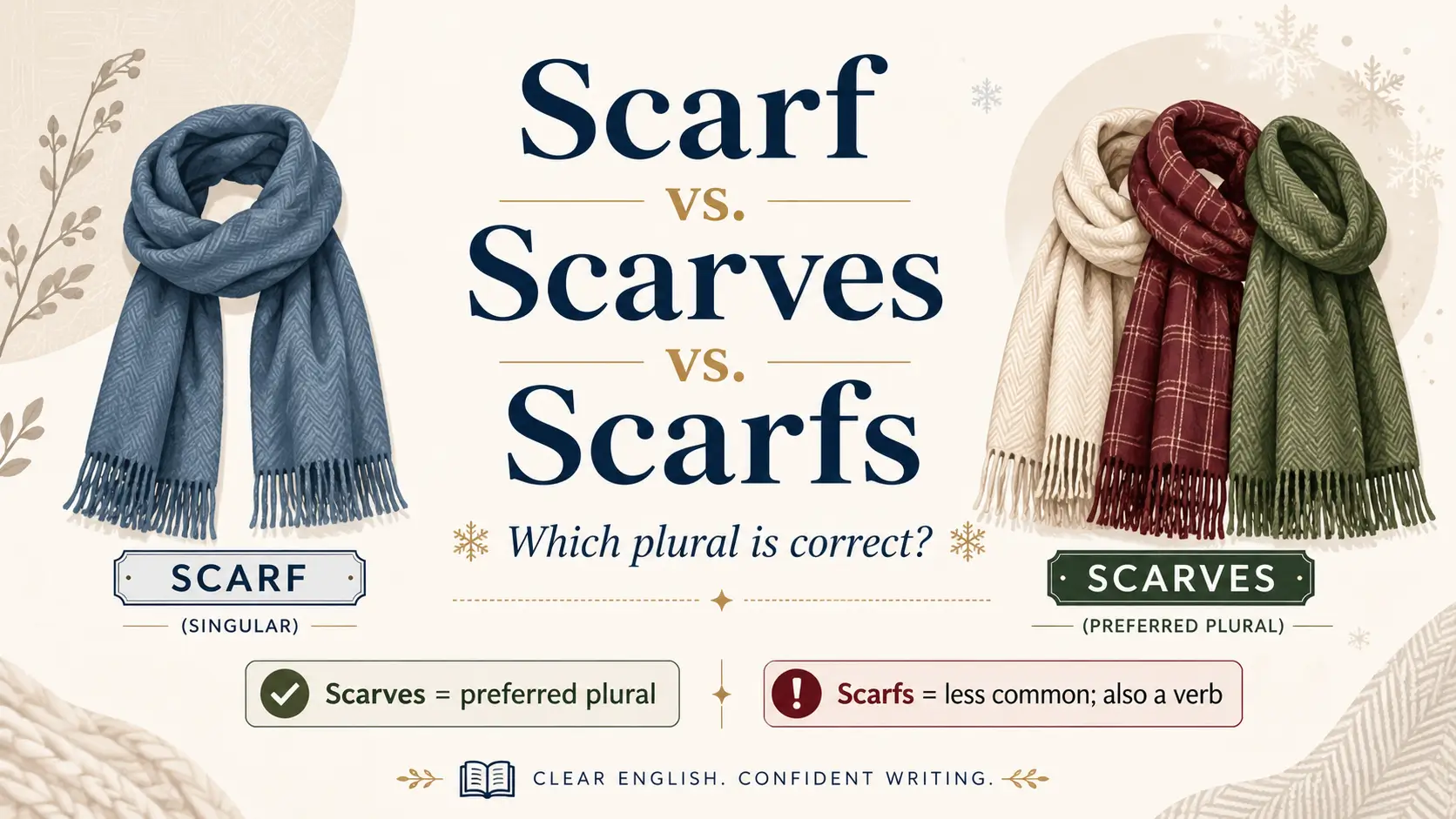 Illustrated grammar guide comparing scarf, scarves, and scarfs, showing that scarves is the preferred plural while scarfs is less common and can also be a verb.