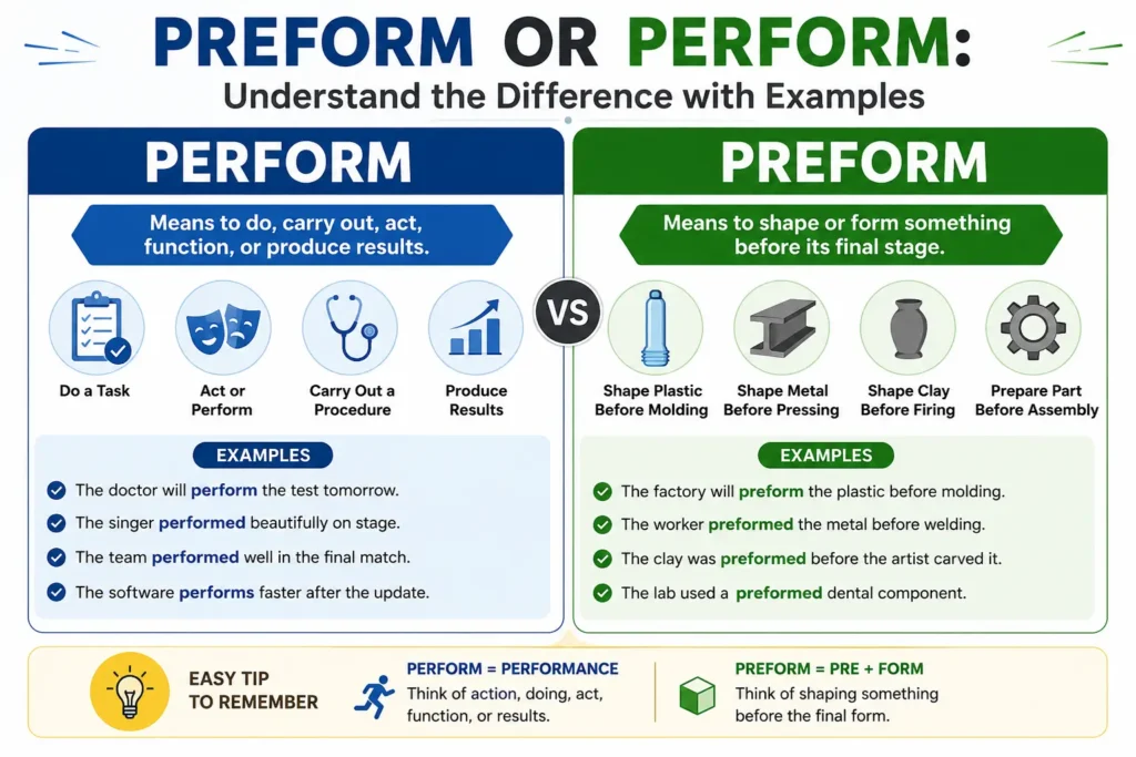 Preform or perform infographic explaining the difference between perform for actions and preform for shaping before final form.