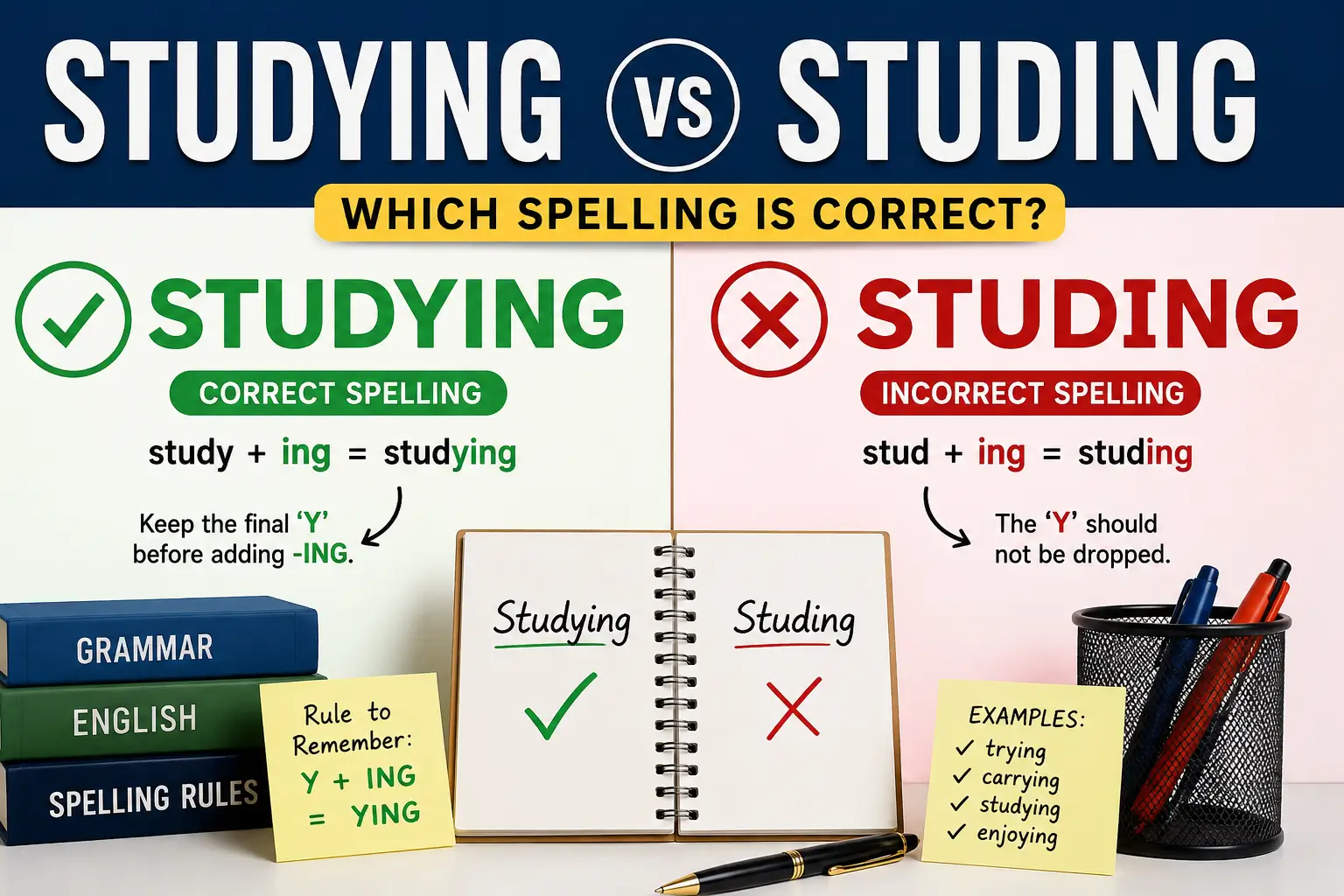Educational infographic comparing studying and studing, showing that studying is correct because the final Y stays before ING.