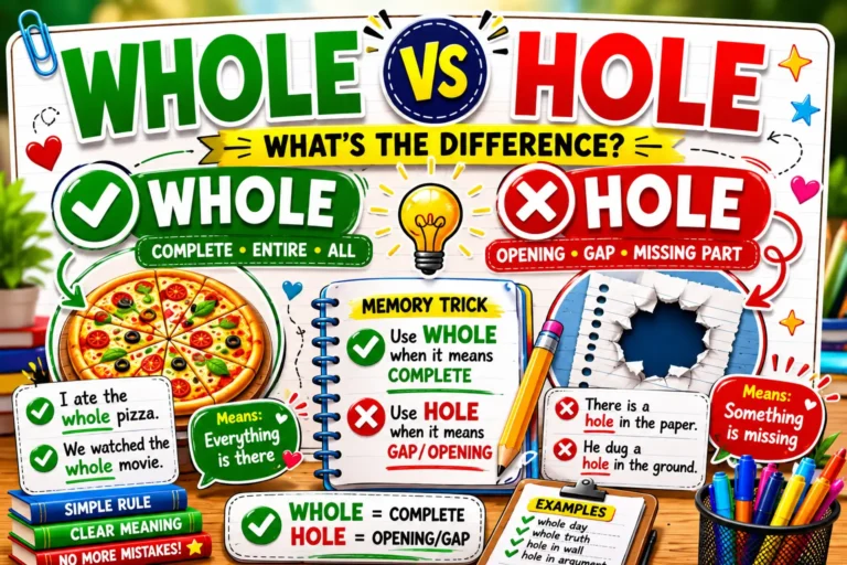 Whole vs hole infographic showing that whole means complete and hole means an opening, gap, or missing part