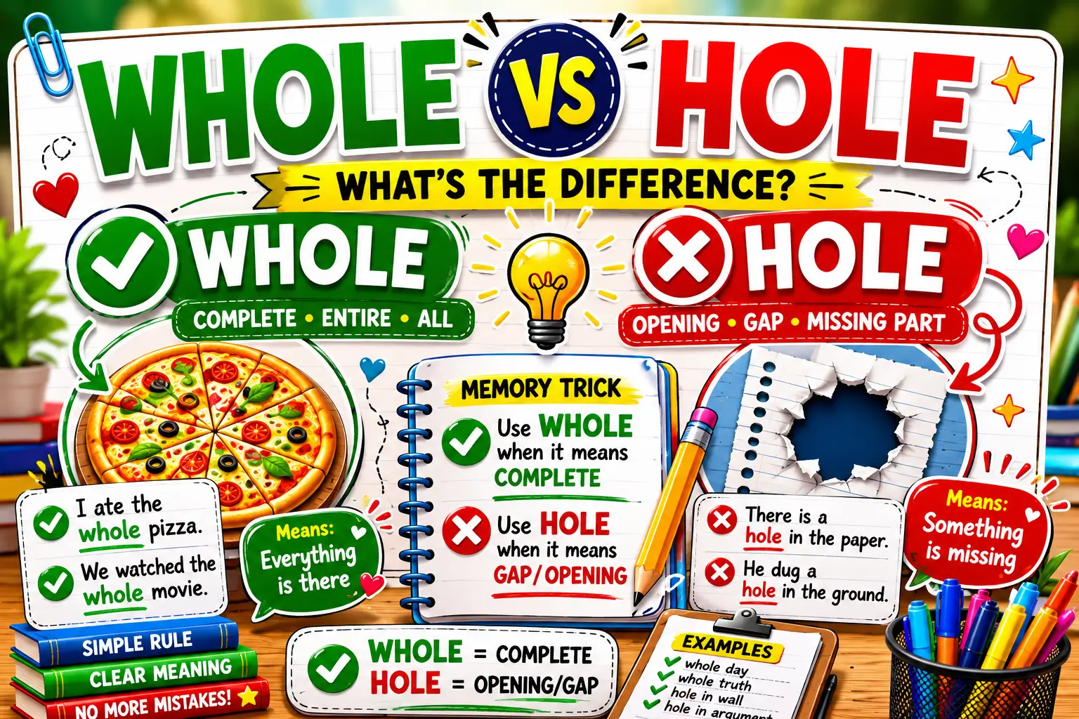 Whole vs hole infographic showing that whole means complete and hole means an opening, gap, or missing part