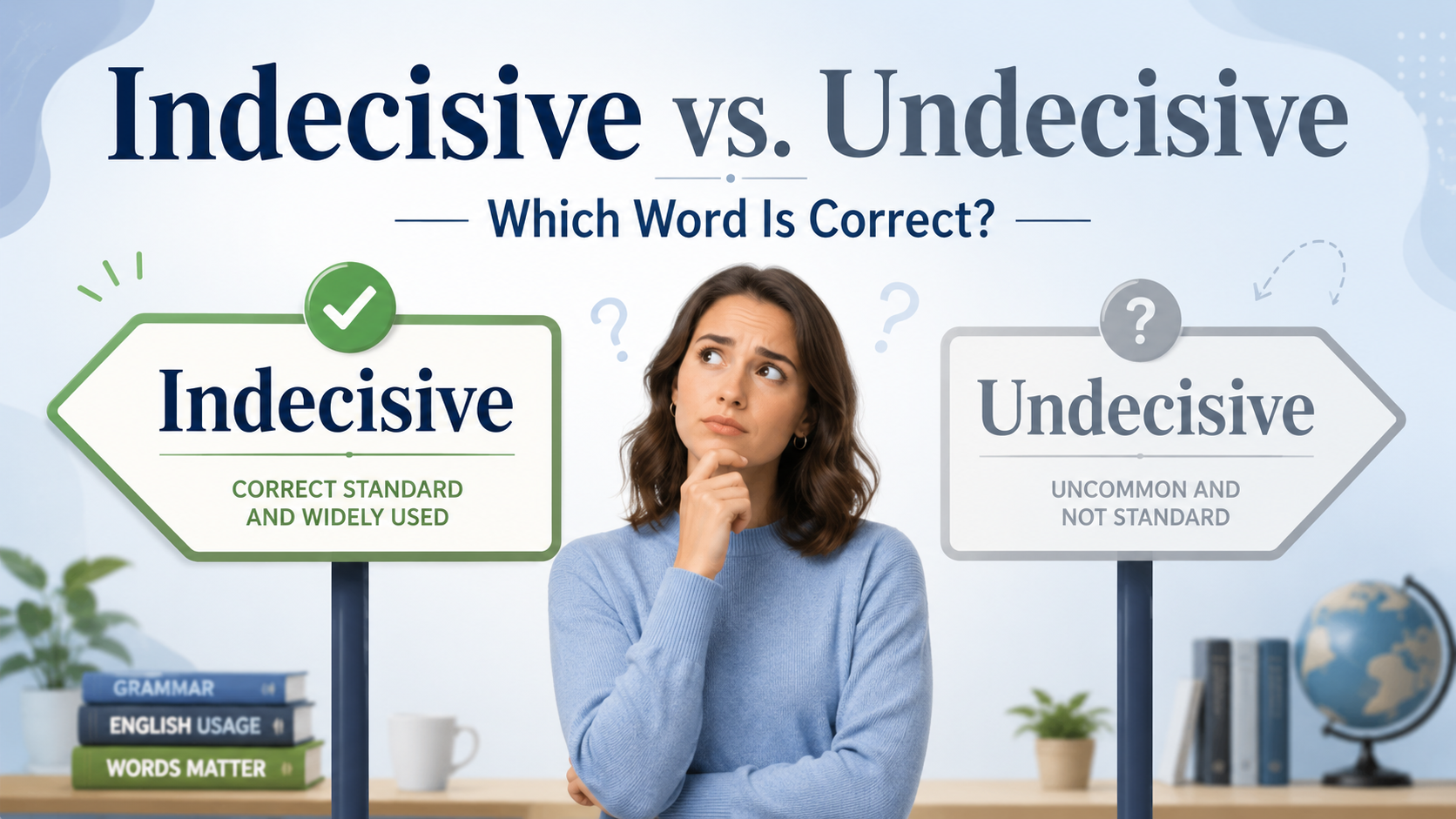 Indecisive vs. undecisive comparison showing indecisive as the correct standard word