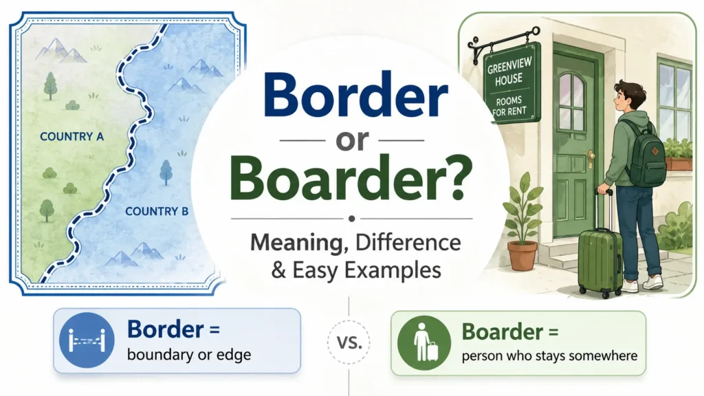 Border or boarder meaning explained with examples showing border as a boundary and boarder as a person who stays somewhere.