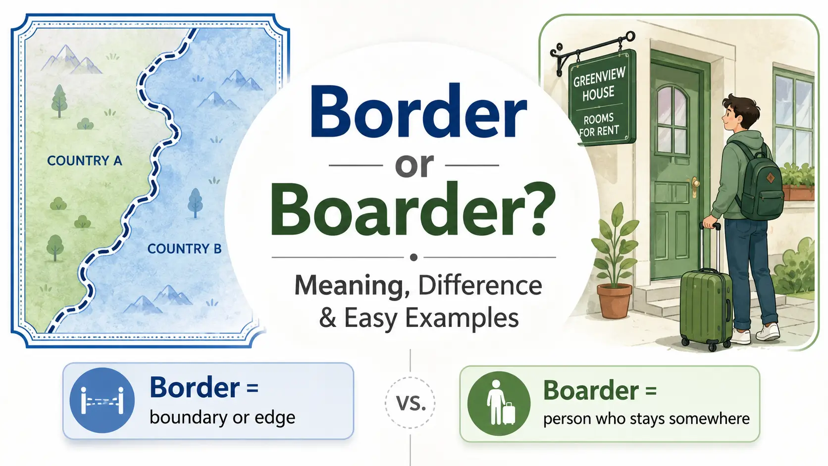 Border or boarder meaning explained with examples showing border as a boundary and boarder as a person who stays somewhere.