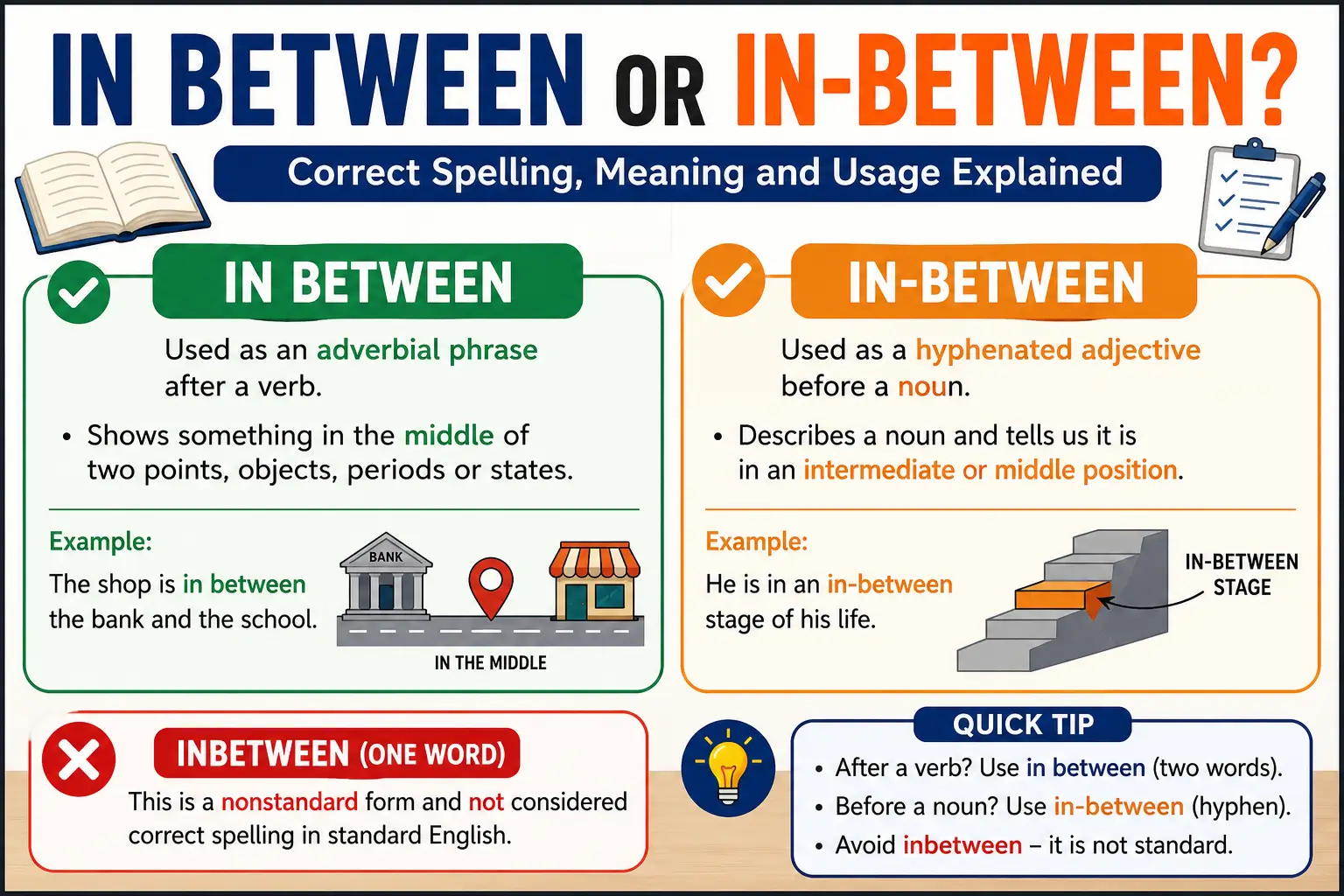 in between or in-between grammar guide showing correct spelling, meaning, and usage examples
