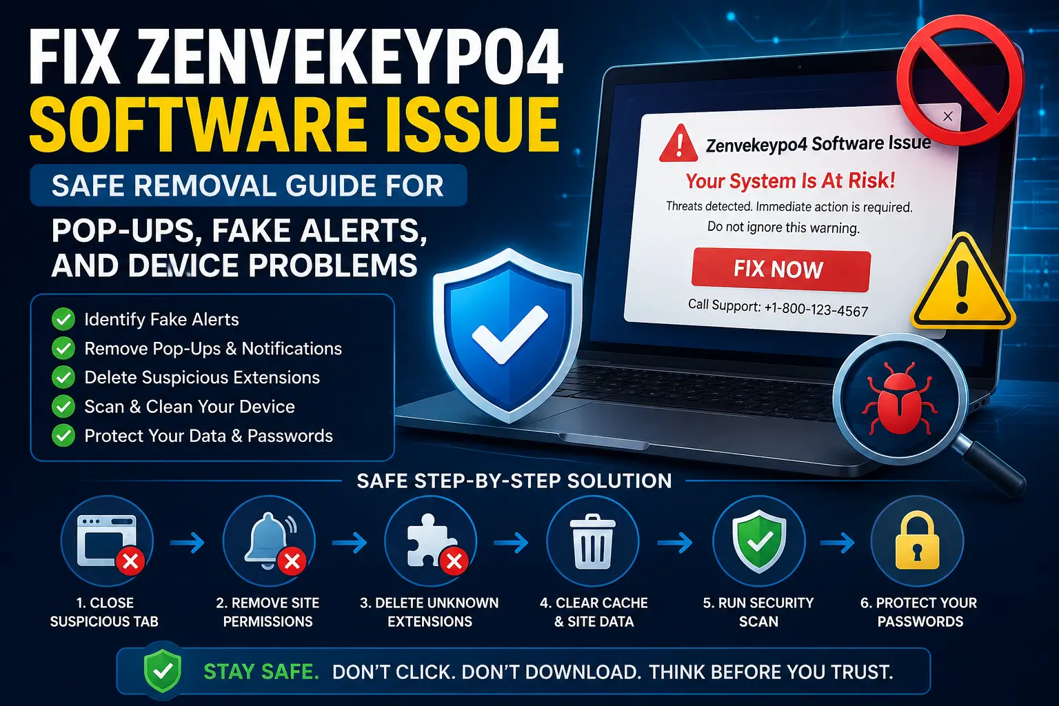 Fix Zenvekeypo4 software issue with safe removal steps for pop-ups, fake alerts, suspicious extensions, and device protection.
