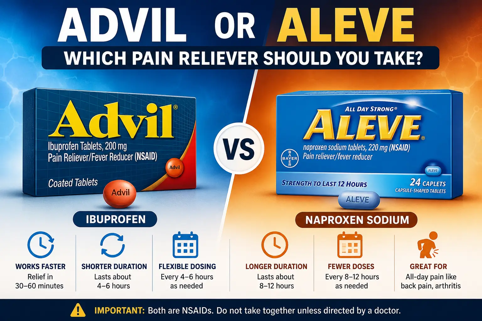Advil or Aleve comparison image showing ibuprofen vs naproxen differences for pain relief, duration, dosing, and safety.