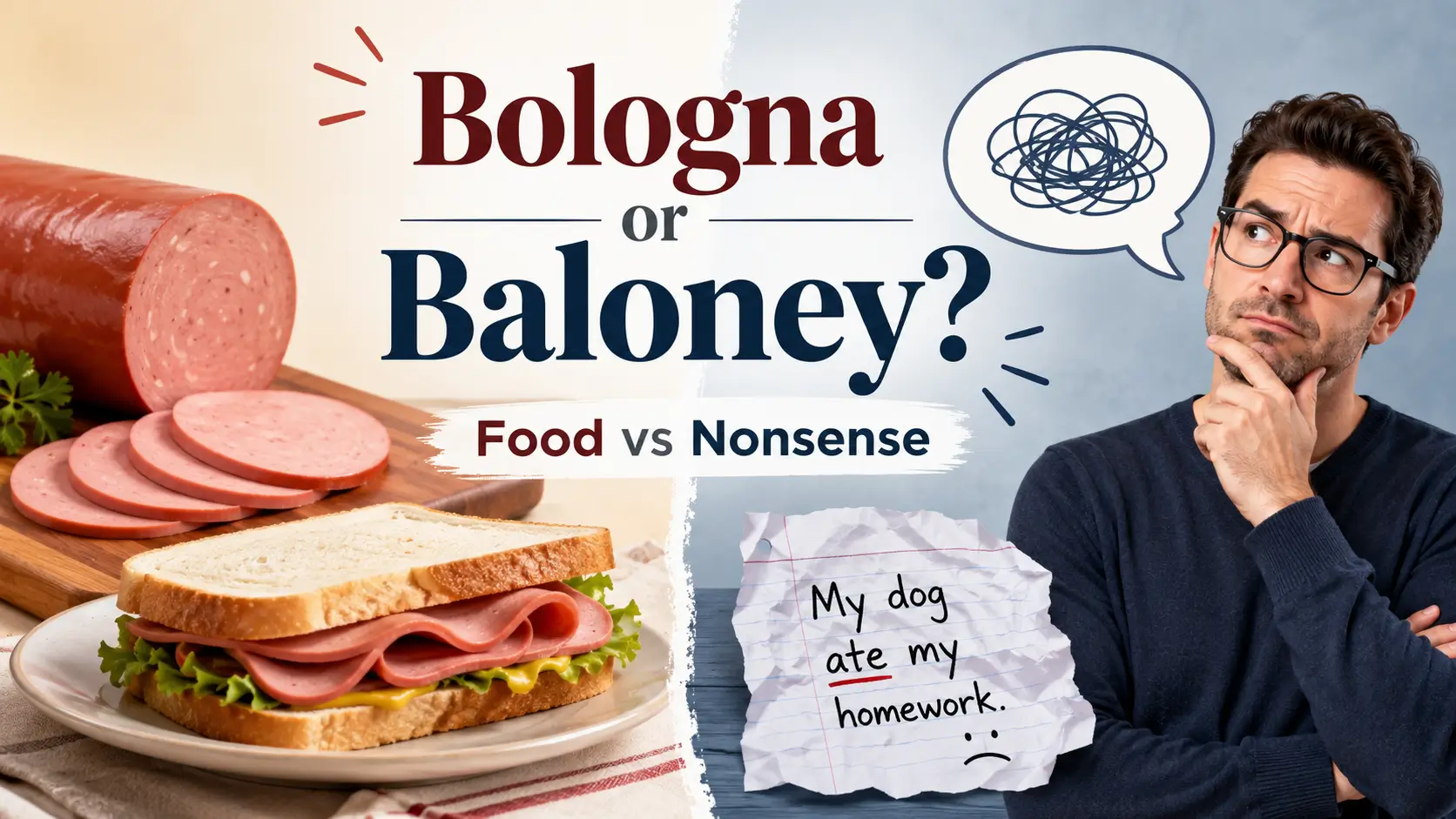 Bologna sandwich and confused man showing the difference between bologna food and baloney nonsense.