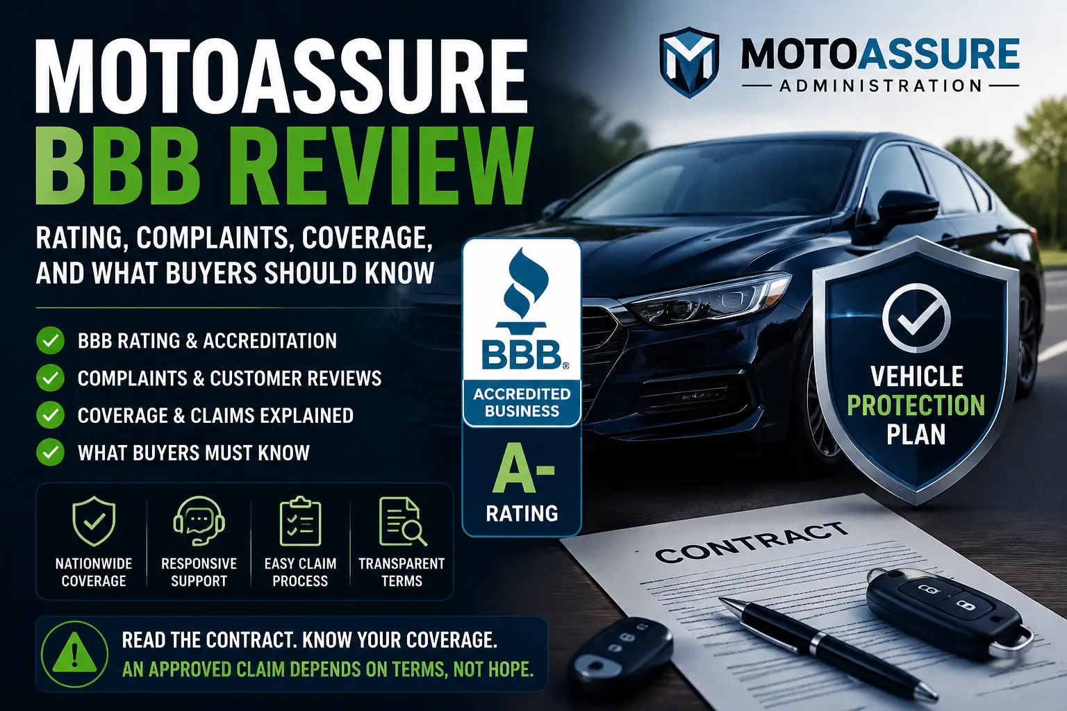 MotoAssure BBB review 2026 showing rating, complaints, coverage details and vehicle protection plan concept with car and shield concept
