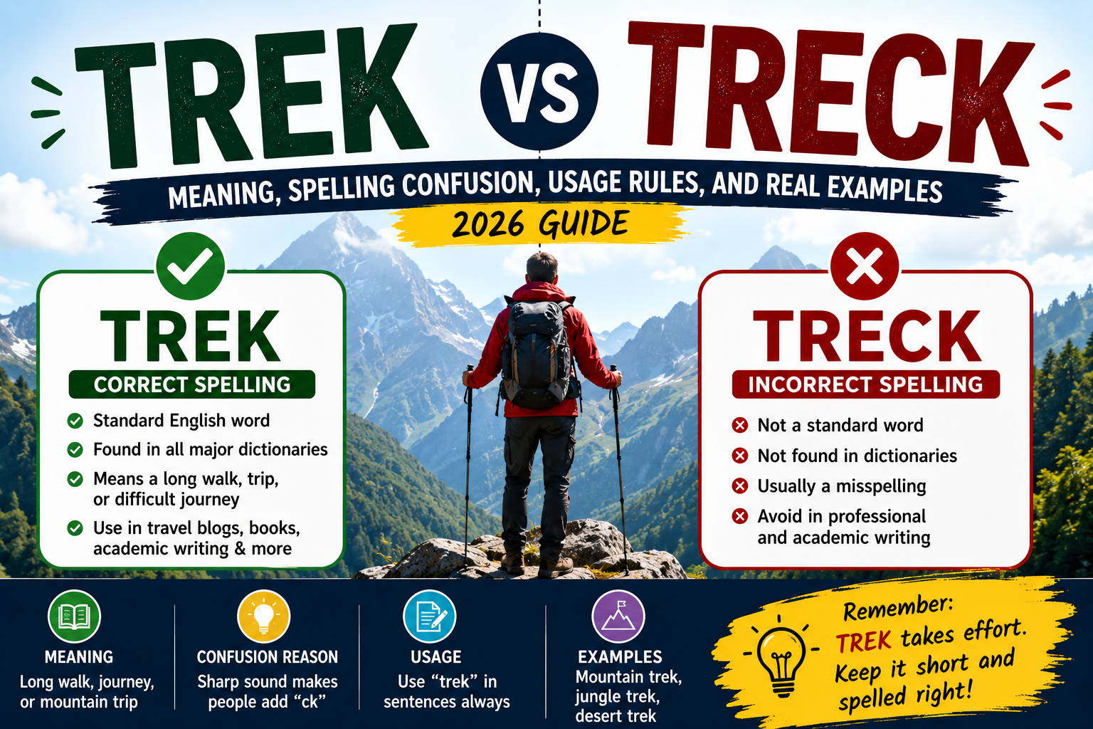 Trek vs Treck — Meaning, Spelling Confusion, Usage Rules, and Real Examples (2026 Guide)