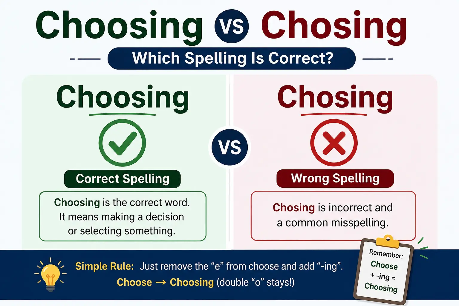 Choosing vs chosing infographic showing choosing as the correct spelling and chosing as the wrong spelling