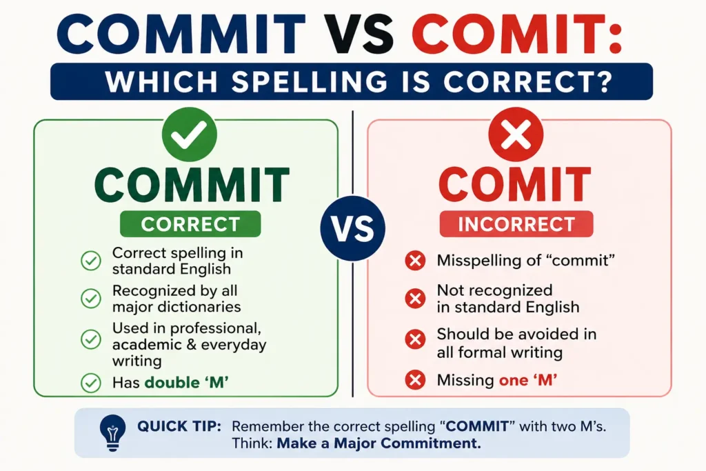 Commit vs comit comparison showing commit as the correct spelling and comit as an incorrect spelling