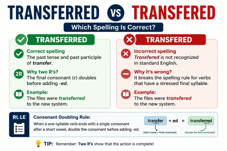 Transferred vs transfered comparison showing that transferred with two r’s is the correct spelling.