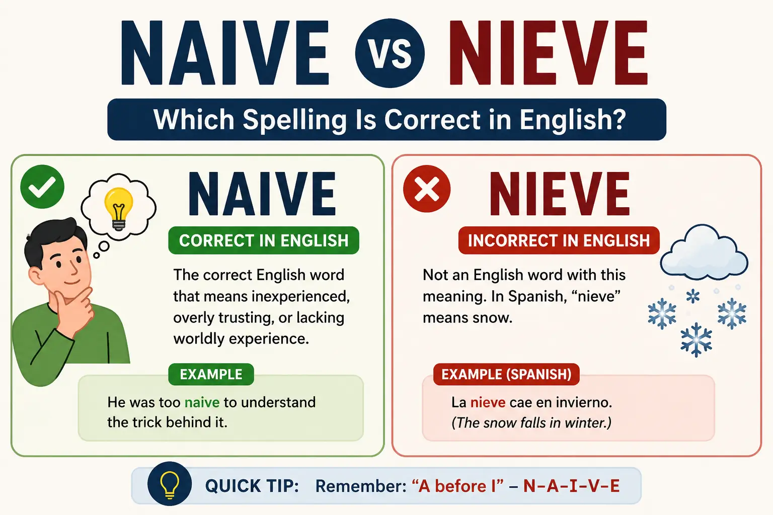 Naive vs nieve spelling comparison showing naive as correct in English and nieve as the Spanish word for snow