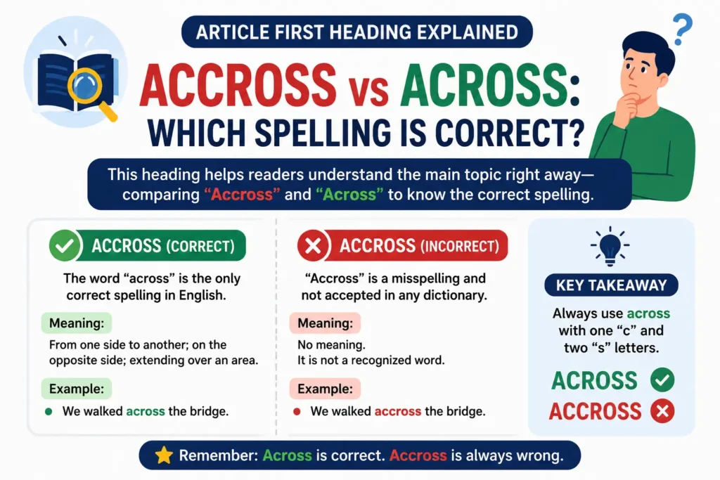 Accross vs Across comparison showing that across is the correct English spelling with meaning and examples