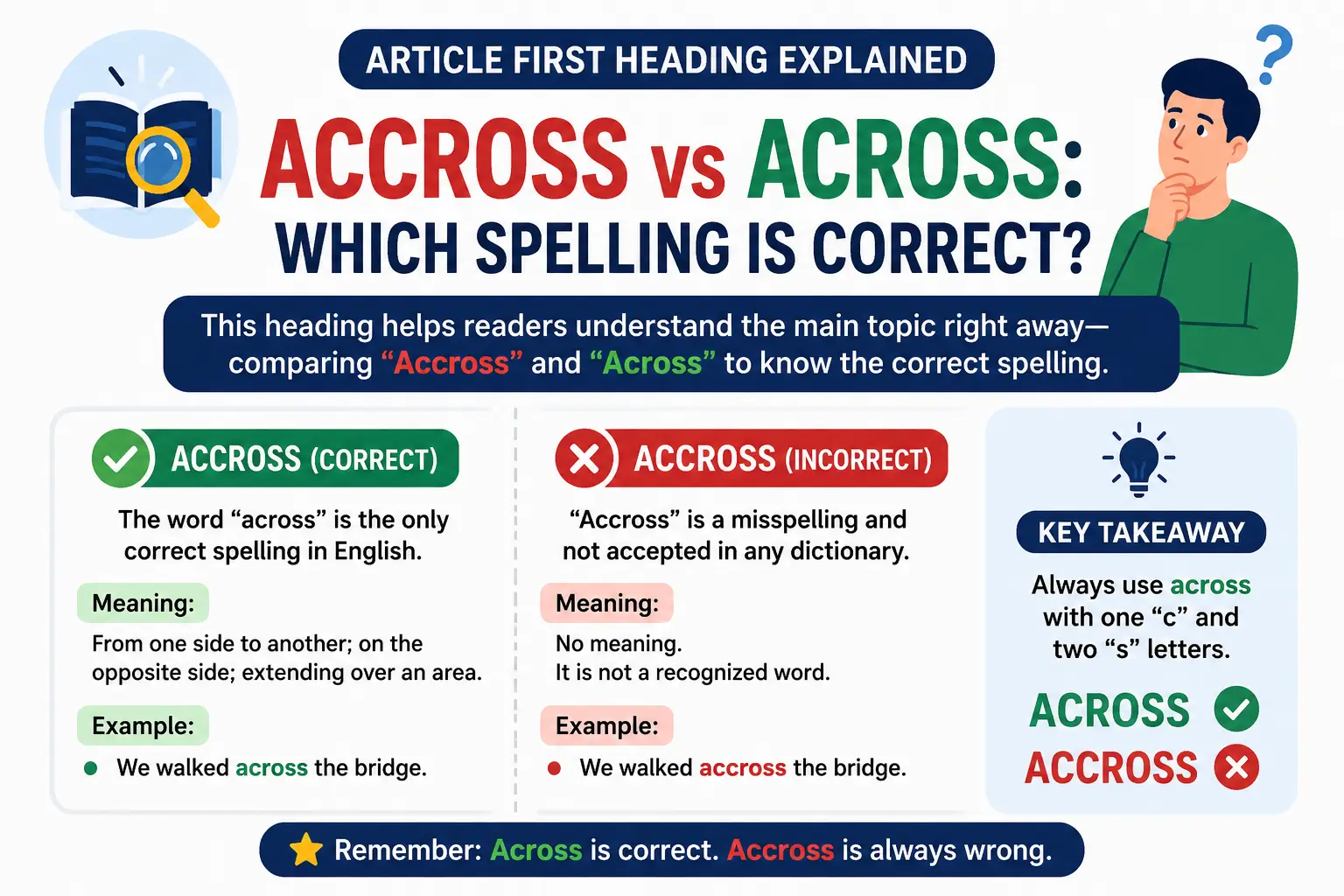 Accross vs Across comparison showing that across is the correct English spelling with meaning and examples