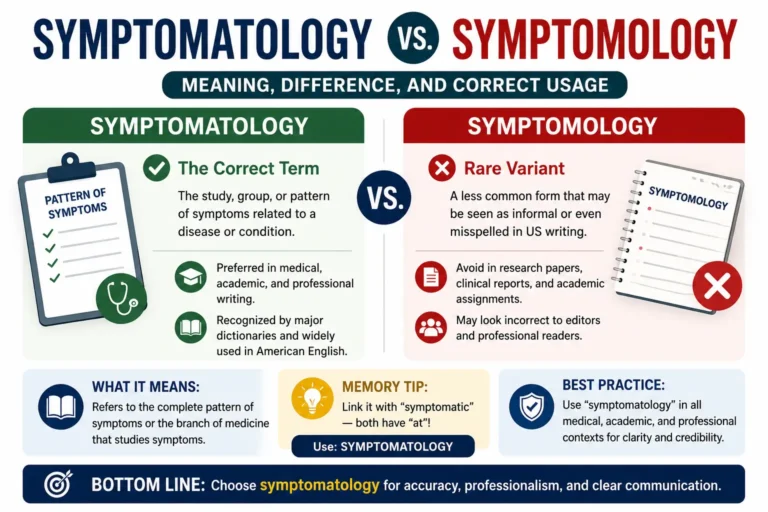 Symptomatology vs Symptomology comparison showing symptomatology as the preferred medical term