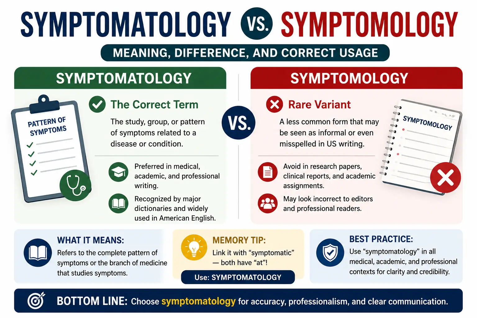 Symptomatology vs Symptomology comparison showing symptomatology as the preferred medical term
