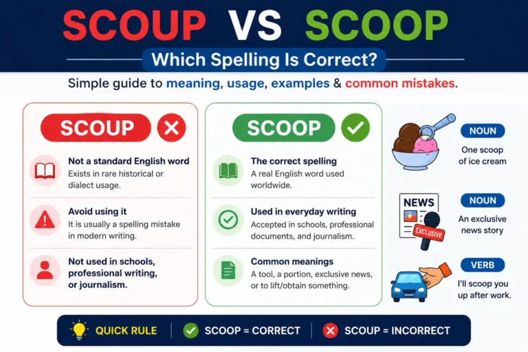 Scoup vs Scoop comparison showing Scoop as the correct spelling with meanings, usage, and examples