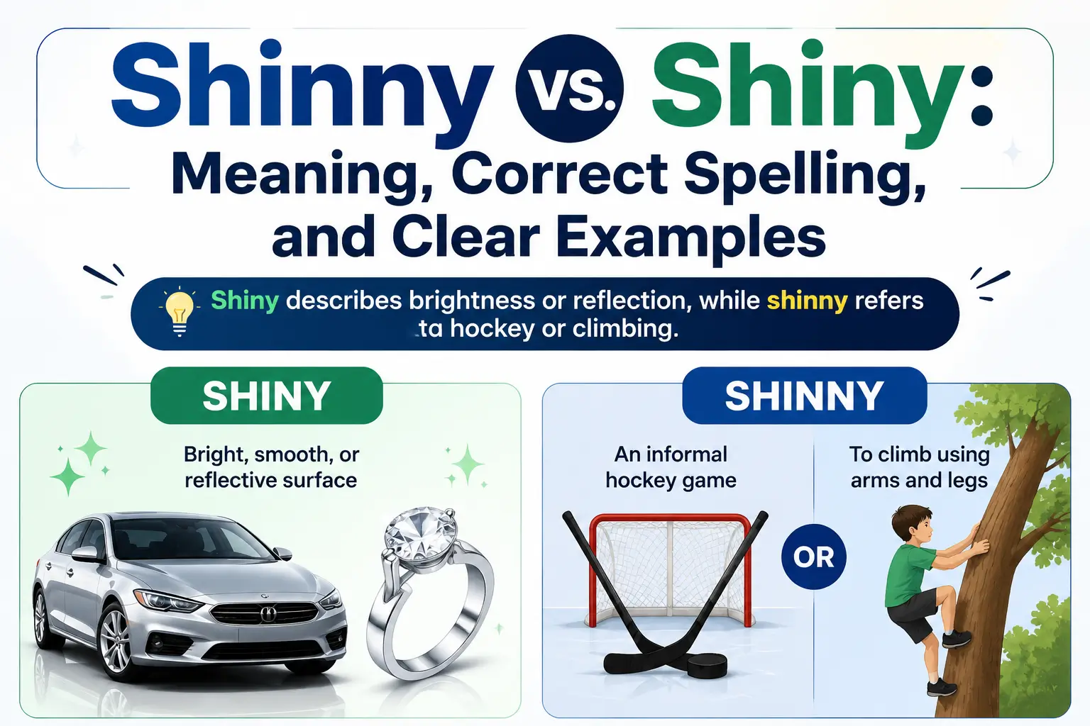 Shinny vs Shiny comparison showing the correct spelling, meaning, and usage in English