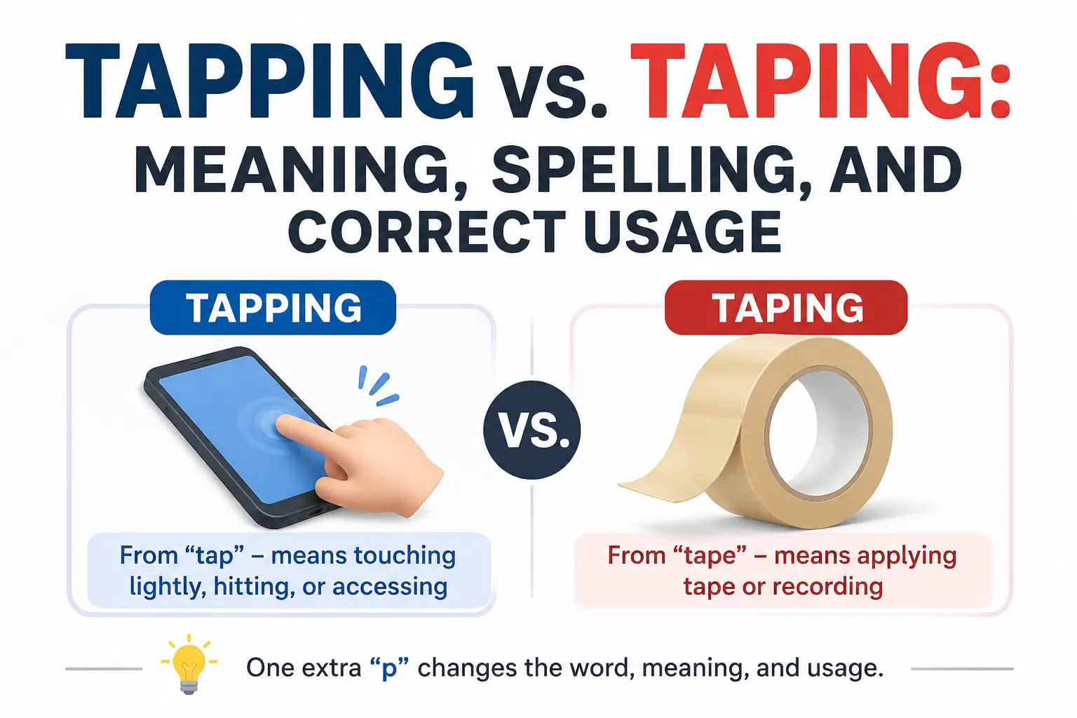 Tapping vs Taping difference showing meaning, spelling, and correct usage