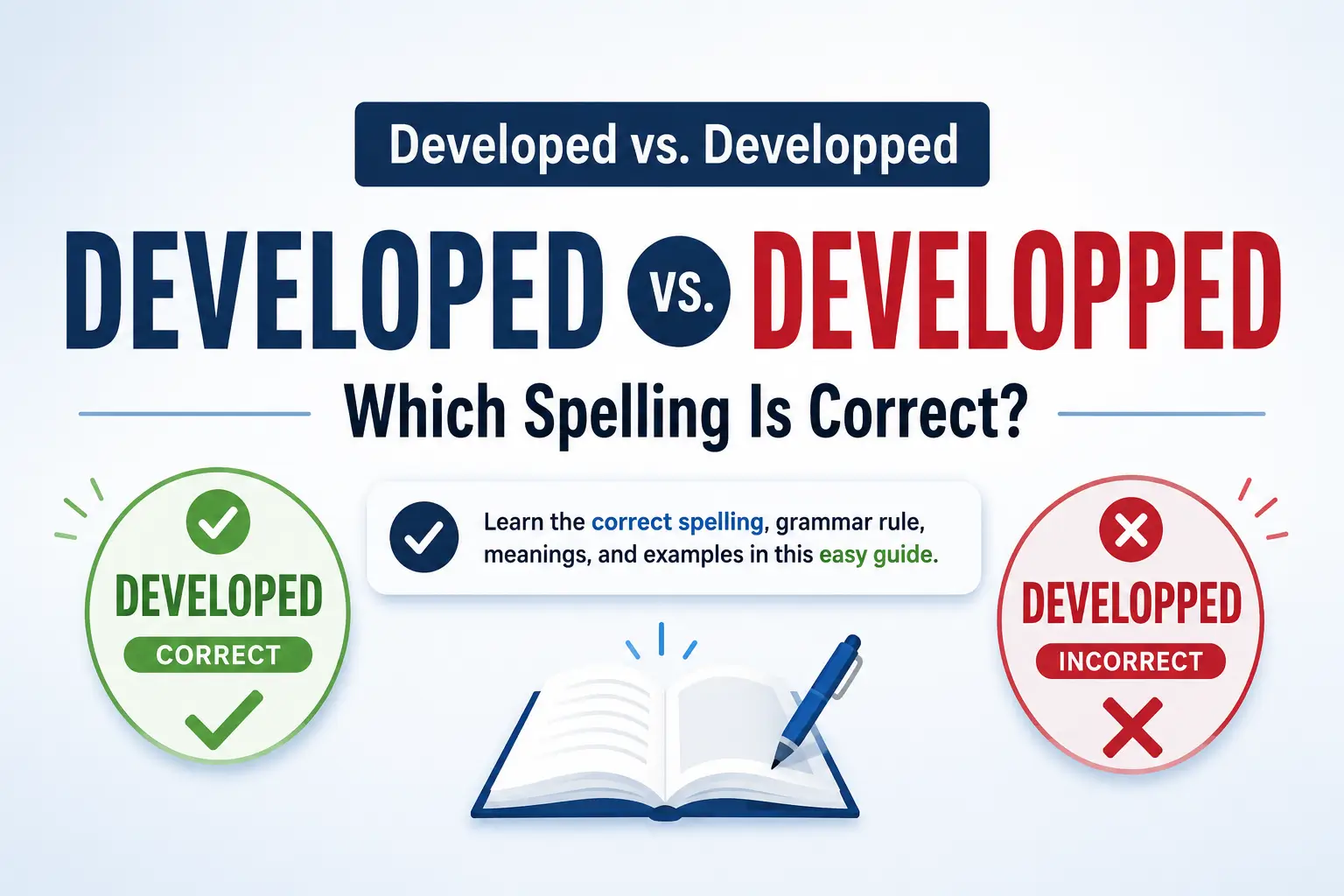 Developed vs Developped comparison showing the correct spelling, grammar rule, and examples