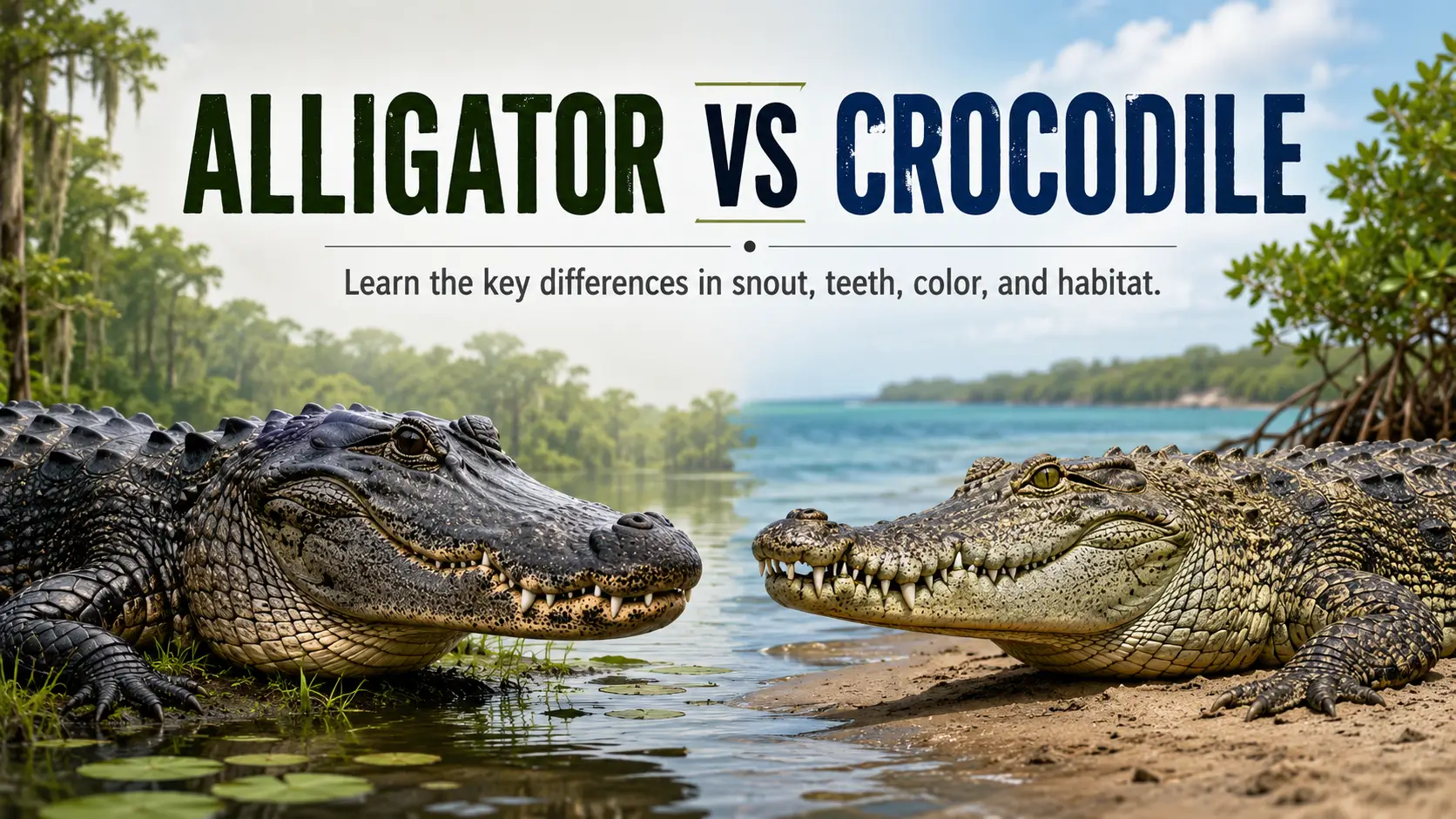 Alligator vs crocodile comparison showing snout shape, teeth, color, and habitat differences