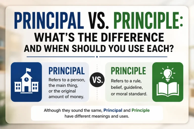 Principal vs principle comparison explaining the difference with meanings, examples, and grammar rules