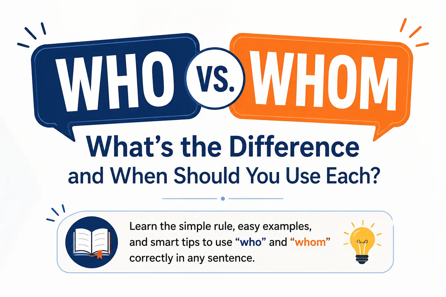 Who vs whom explained with simple grammar rules, examples, and the easy he vs him memory trick.