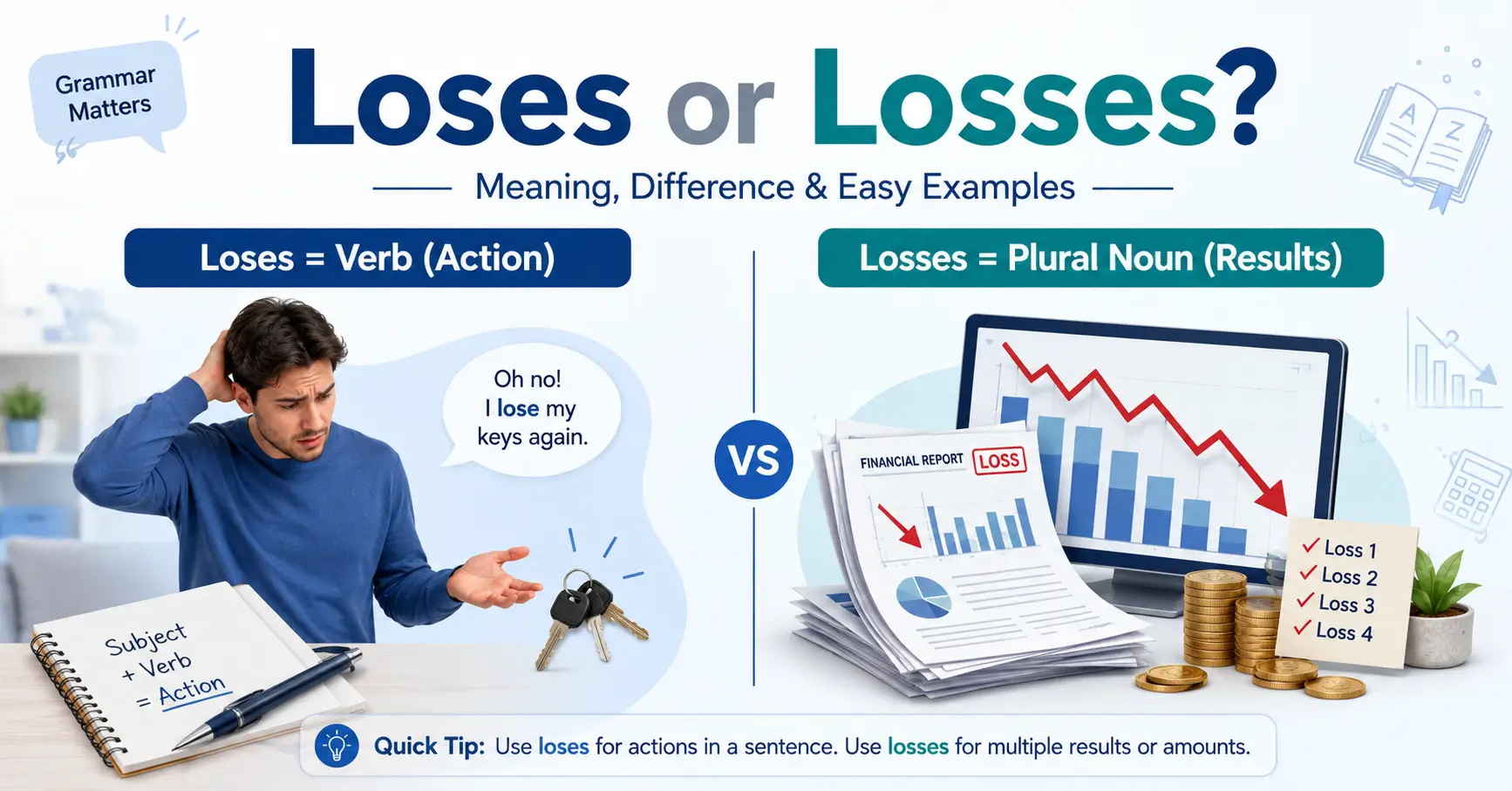 Loses or losses grammar comparison showing loses as a verb and losses as a plural noun