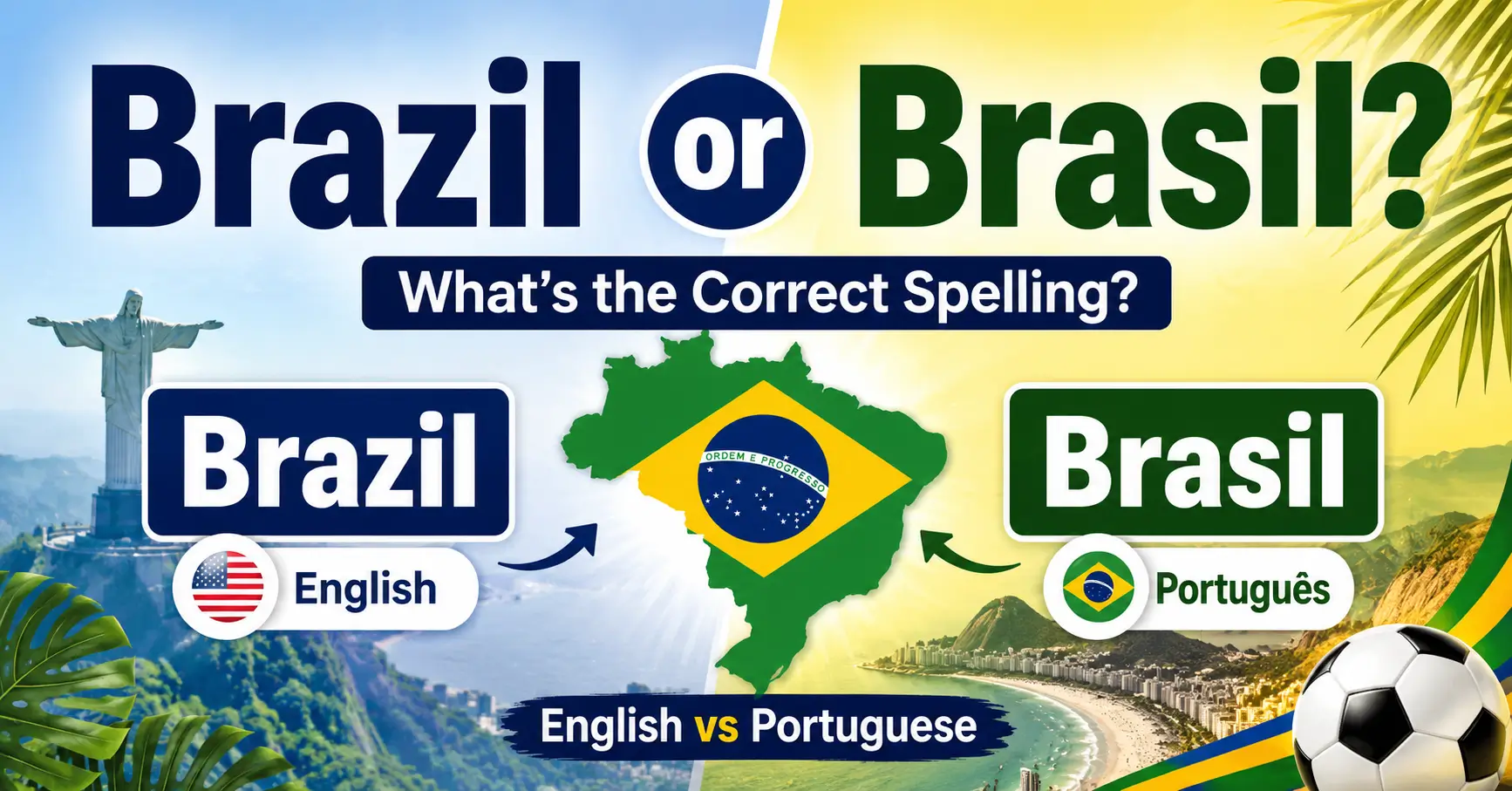 Brazil or Brasil correct spelling comparison showing English and Portuguese usage