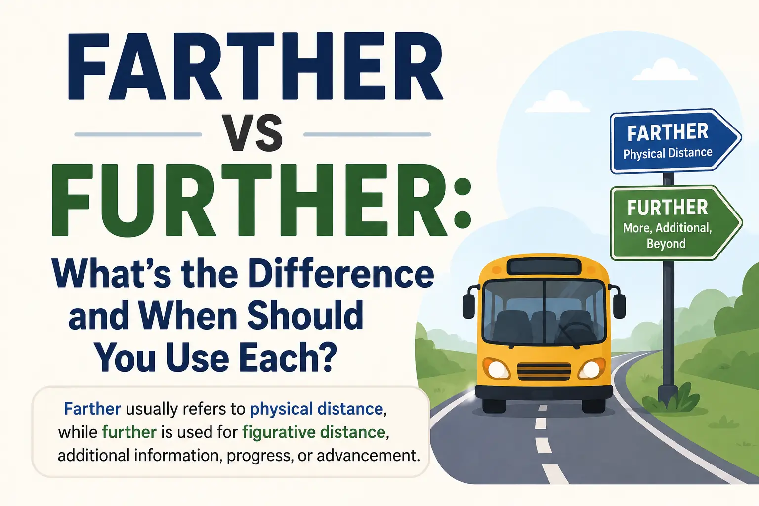 Farther vs Further explained with simple grammar rules, examples, and key differences in American English.