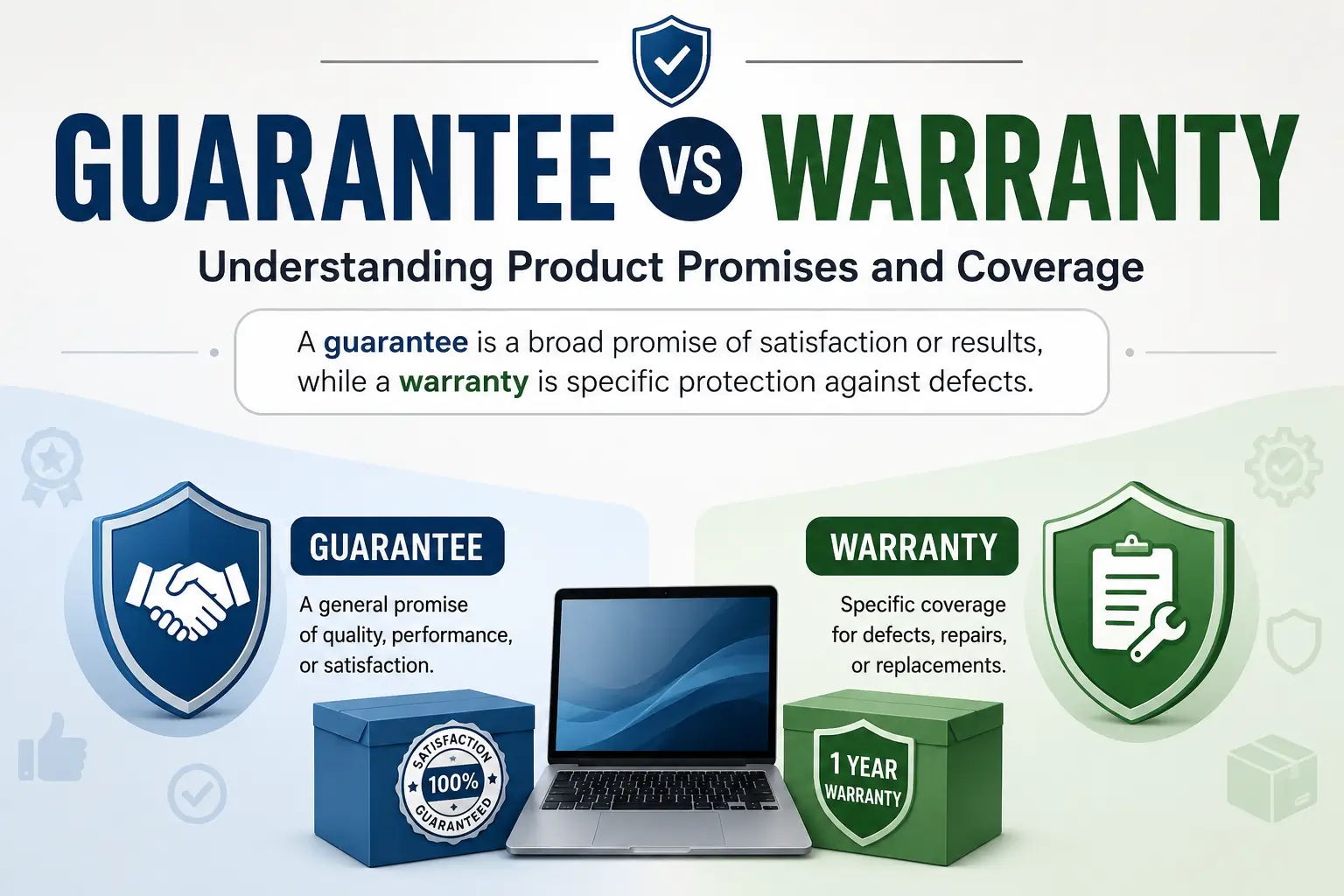 Guarantee vs Warranty infographic explaining the key differences between a guarantee and a warranty with simple examples.