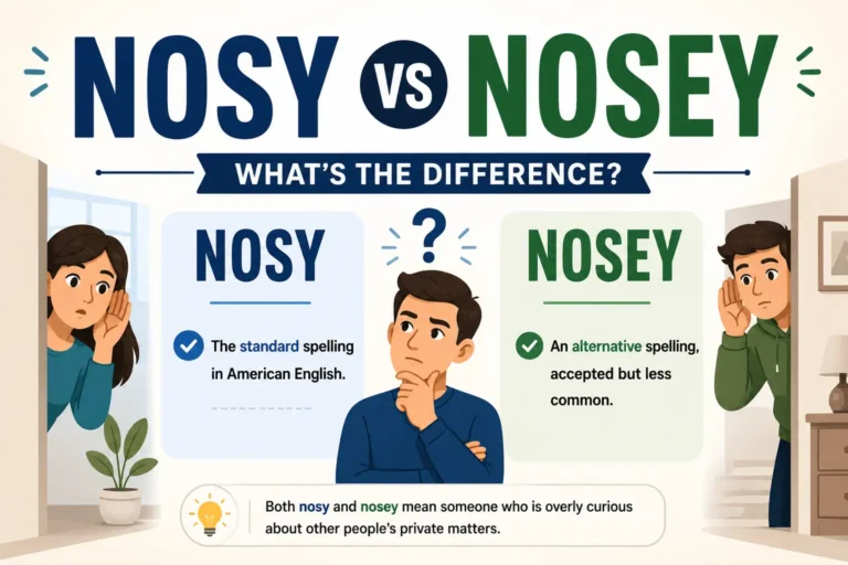 Nosy vs Nosey infographic explaining the correct American English spelling with simple examples and key differences.