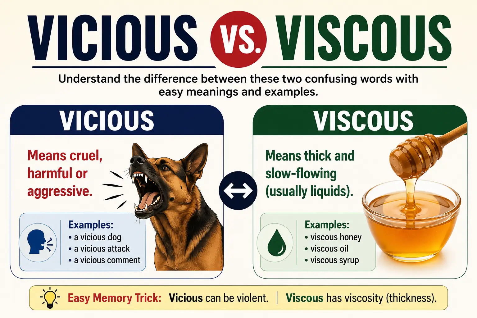 Vicious vs. Viscous infographic showing the difference between cruel behavior and thick slow-flowing liquids with simple examples.